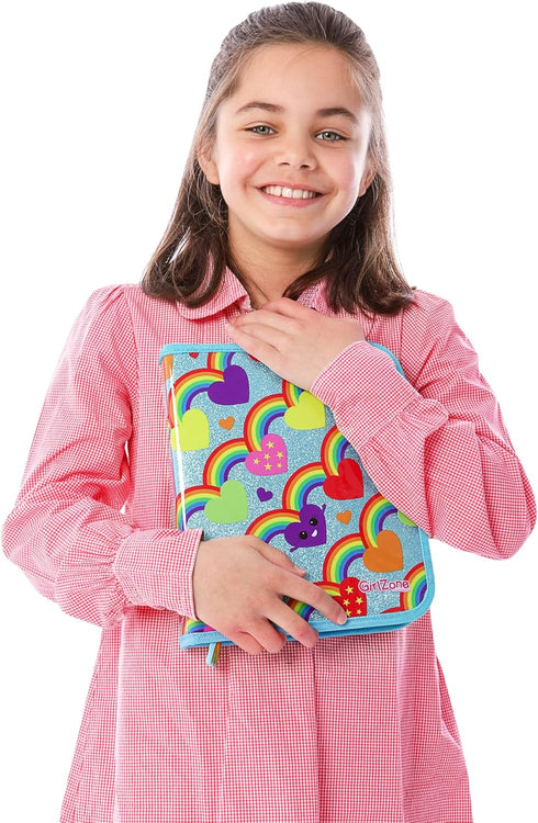 GirlZone Jumbo Rainbow Pencil Case for Girls, 43 Pieces, Arts & Crafts Filled Stationery