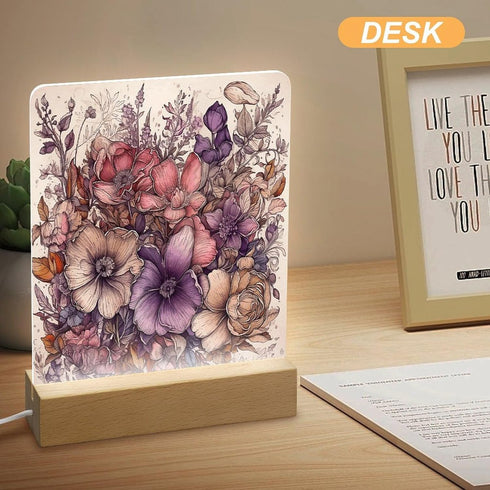 KNASNCHD Floral Design Pattern Night Light with Wood Base USB Interface Power Supply,Bedside Table Lamp Acrylic Home