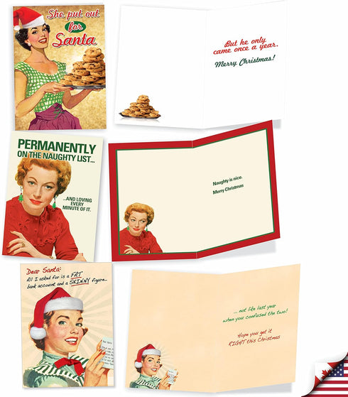 NobleWorks Variety Pack of 10 Christmas Greeting Cards with Envelopes, Adult Cartoon Humor Holiday Assortment - Naughty