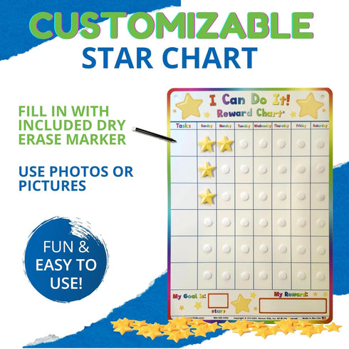 Kenson Kids I Can Do It Reward Chart - Customizable Dry Erase Incentive Chart with 45 Reward Stars and Marker