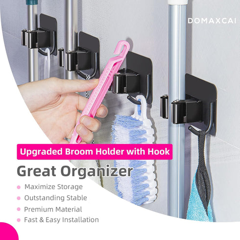DOMAXCAI Broom and Mop Holder, Super Anti-Slip Wall Mount, Self Adhesive Gripper for Bathroom, Garage and Laundry Room