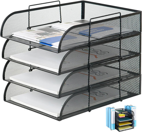 Stackable 4 Tier Paper Letter Tray Organizer, Mesh Desk Organizer with File Holder for Office Supplies, Black
