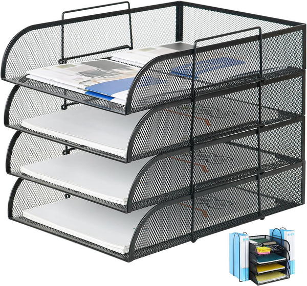 Stackable 4 Tier Paper Letter Tray Organizer, Mesh Desk Organizer with File Holder for Office Supplies, Black