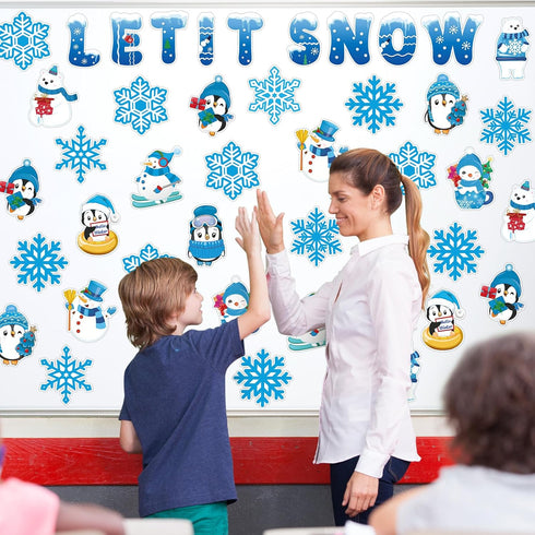 Winter Bulletin Board Decorations for Classroom with Christmas Snowflake Snowman Penguin Cutouts for School Decor