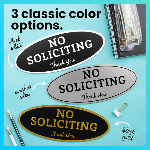 ExcelMark No Soliciting Sign for House or Business, Durable Indoor/Outdoor Sign, Large - 3.6" x 9", Black with Gold