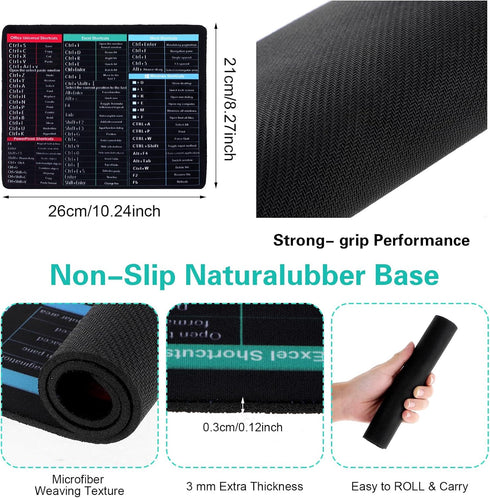 Excel Mouse Pad with Shortcuts - 26x21x0.3cm Anti-Slip Mouse Mat for Office Desk with Excel and Word Patterns