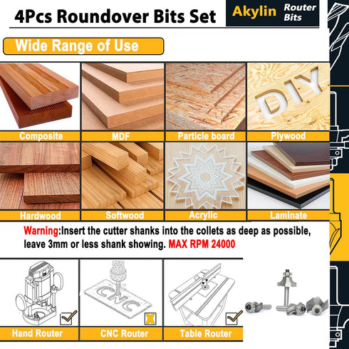 4Pcs -3/16",1/4",5/16",3/8" Set,1/4 Inch Trimming,with Roundover Router Bits,Radius Edge Forming Router Bit