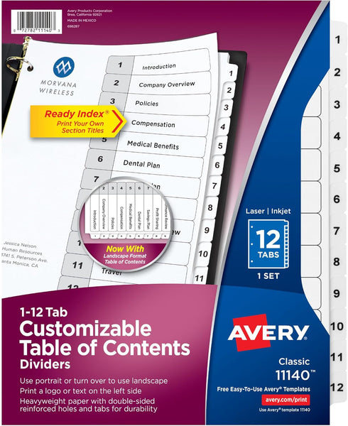 Avery 12 Tab Dividers for 3 Ring Binders, Customizable Table of Contents, 1 Set, Classic White Tabs (11140)