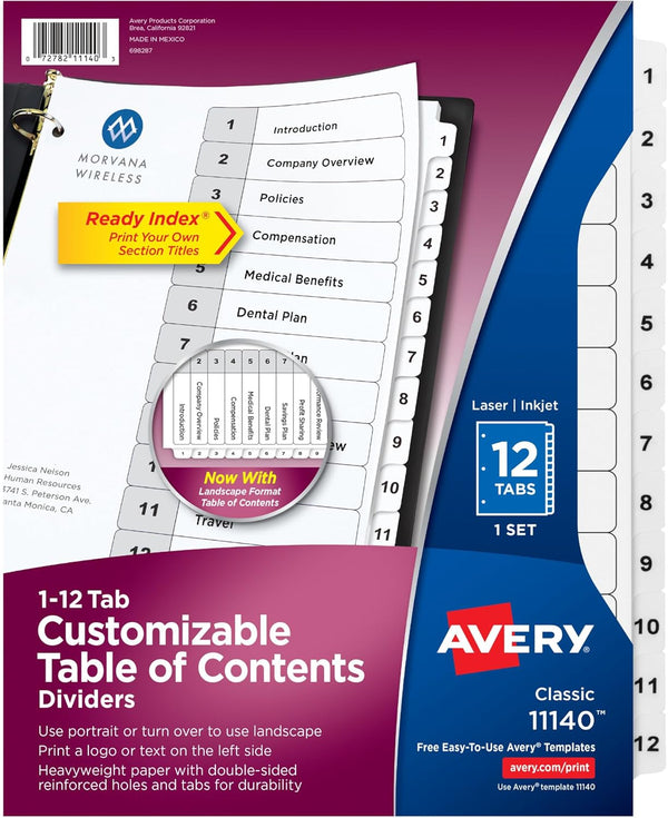 Avery 12 Tab Dividers for 3 Ring Binders, Customizable Table of Contents, 1 Set, Classic White Tabs (11140)
