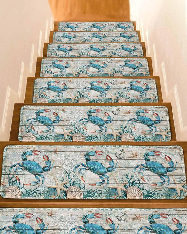 BOHOOSKYLAR Vintage Crab Stair Treads Ocean Coral Anchor Shell Indoor Non Slip Peel
