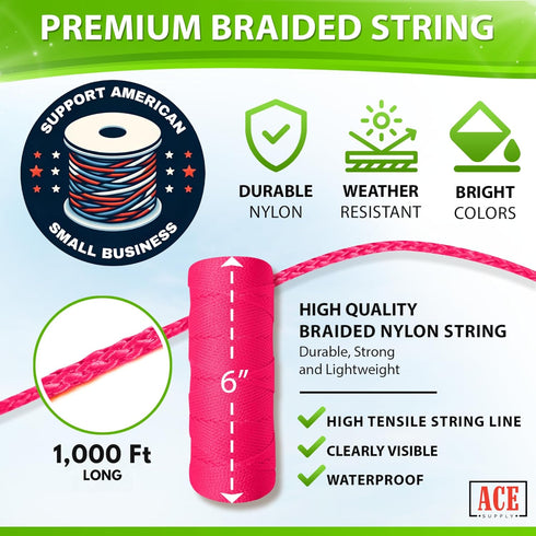 Pink Mason Line String Line - #18 Braided Nylon String - 1,000 Ft Length - Nylon Twine for Gardening Or Masonry Tools - Perfect Construction String for A String Level, Twine String for Gardening by ACE Supply