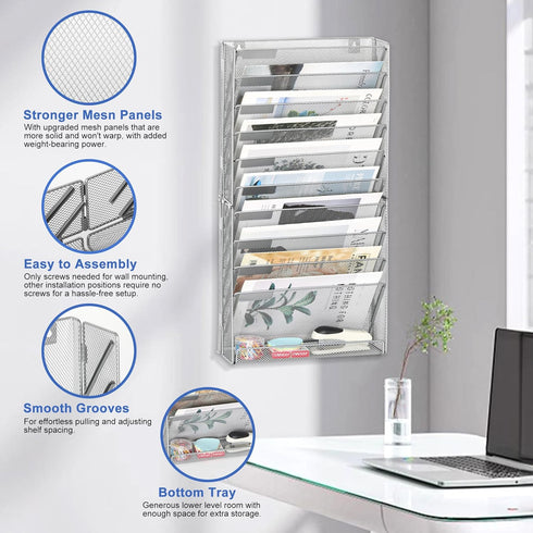 EasyPAG Mesh Wall File Holder, 11 Tier Office Hanging File Organizer, Silver Magazine Mails Rack for Papers and