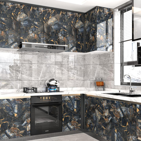 Marble Black Contact Paper, Peel and Stick Gold Wallpaper for Kitchen, Waterproof Vinyl Film for Countertop Cover