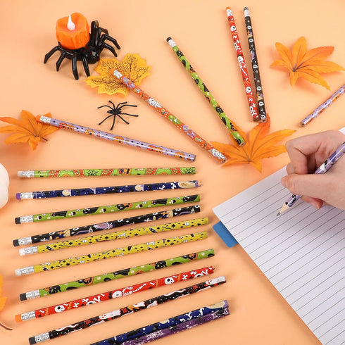 CCINEE 48 Pack Halloween Pencils for Kids, Assorted Design Bulk Pencils with Erasers for Halloween Party Supplies