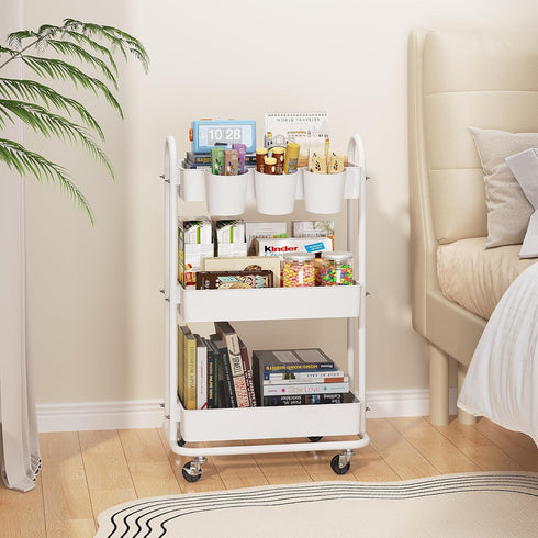 Boeeoan 3-Tier 3 Utility Cart with Wheels, Rolling Cart with Hanging Baskets, Storage Shelves, Multi-Functional