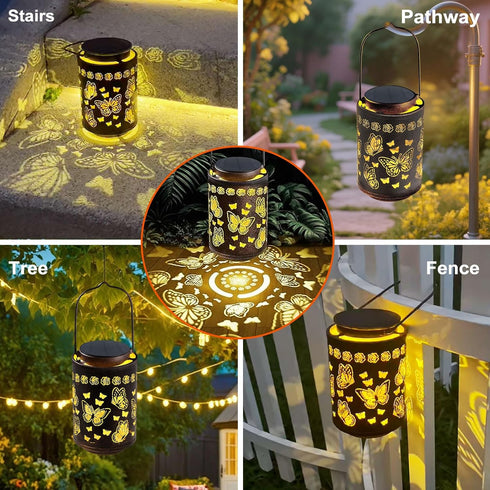 Outdoor Solar Butterfly Lantern Waterproof, Hanging Metal Garden Lantern with Warm Butterfly Projection, Decorative
