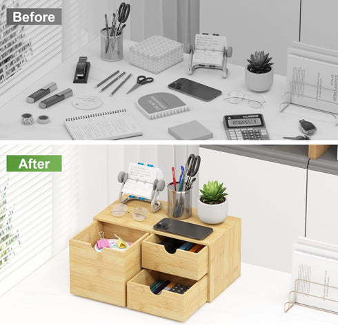 Bamboo Desk Organizer with Drawers, Mini Tabletop Storage Container for Home Office, No Assembly Required