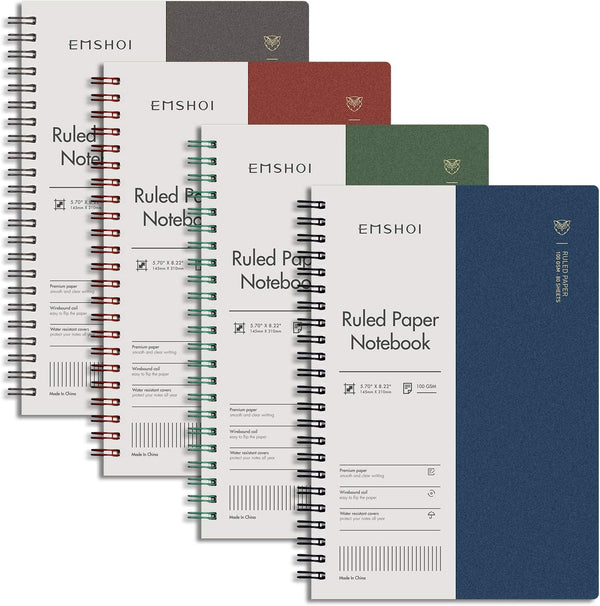 EMSHOI Lined Journal Spiral Notebook, 5.7" x 8.22", 4 Pack, 640 Pages, 100gsm Thick Paper, A5 Small Notebooks