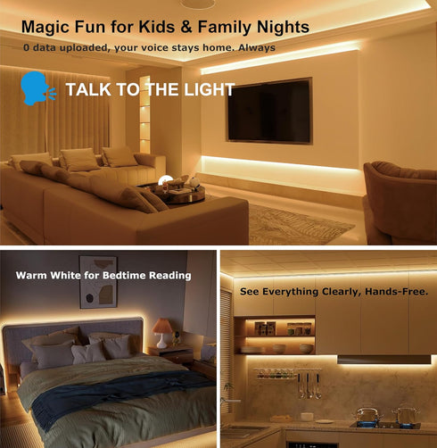 Dimmable 2700-5000K, 16.4ft, AI Voice Activated Under Bed Lights Strip, White Kids Smart Night Lights Strong Adhesive