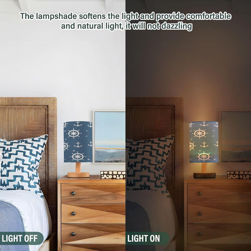 SUABO Bedside Table Lamp, Blue Nautical Pattern Nightstand Lamp Small LED Lamp Wood Base Round Flaxen Fabric Shade