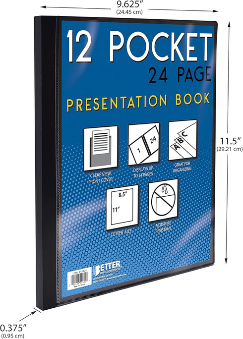 Better Office Products 12 Pocket Bound Presentation Book, Black with Clear View Front Cover, 24 Sheet Protector Pages