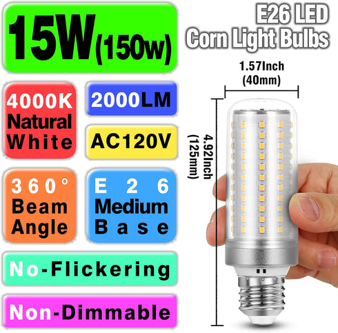 Big E26 E27 LED Corn Light Bulb, 150W Equivalent, 2000lm, 4000K Natural White, 15W Non-dimmable, 5 Pack