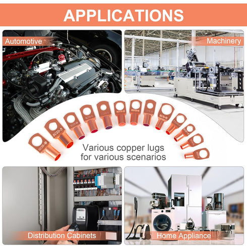 Copper Wire Lugs, Terminal Connectors for AWG12-2 Cable, 120Pcs Battery Cable Lugs Ends and Heat Shrink Tubing