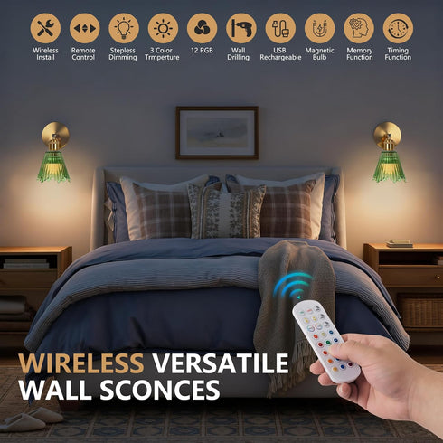 Set 1 Vintage Battery Operated Wall Sconce with Green Crystal Grid Glass Lampshade Rechargeable Battery Powered Wall