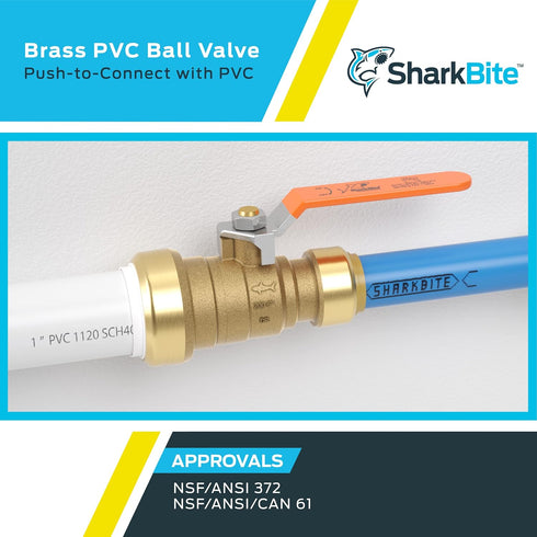SharkBite 1 Inch PVC x 3/4 Inch CTS Ball Valve - Push to Connect Brass Plumbing Fitting