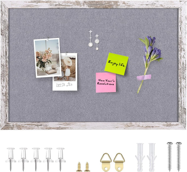 Gray Felt Cork Board Bulletin Board - Decorative Hanging Cork Boards with White Rustic Wood Frame