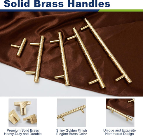 2-Pack Solid Brass Kitchen Cabinet Pulls, Gold Modern T-Bar Handles, 3-3/4-Inch Hole Center Hammered Handles for Dresser Drawer Cupboard, 5-9/16 Inch Total Length, Polished Finish by KOPPALIVE