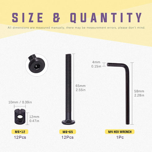Swpeet 25Pcs M6 65mm 1 Black Crib Screws, Hex Socket Head Cap Bolts and Barrel Nuts with x Allen Wrench Perfect