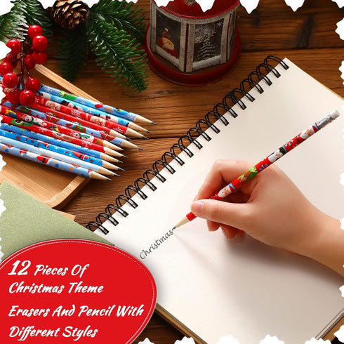 Christmas Pencils for Kids, Mini Wooden Xmas Pencils and Erasers, Colorful Patterns for Christmas Party Supplies