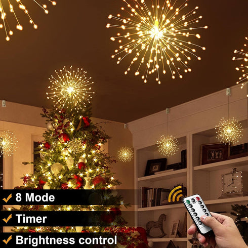 DenicMic 3200K 8 Firework Starburst Lights Warm White Mode LED Battery Operated Chandelier Star Lights with Remote