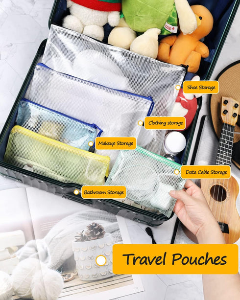 SUNEE Plastic Mesh Zipper Pouch 10x14 in (6 Colors, 12 Packs), Extra Large Zip Bag for Organizing