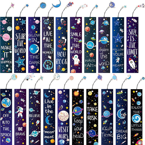 Zonon Space Theme Bookmarks with Inspirational Quotes Cards - Metal Charms Planet Rocket Space Ship, Reading Party