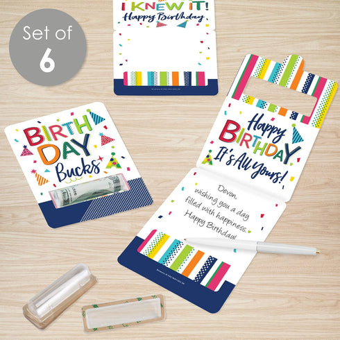 Set 6 Big Dot of Happiness Cheerful Happy Birthday - DIY Assorted Colorful Birthday Party Cash Holder Gift - Funny