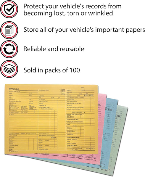 EZ Line Printed Vehicle Deal Record Envelopes | 100 Pack | 9x12 Jackets | Manilla Detailed