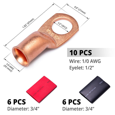 Wirefy 1/0 Gauge 1/2" Wire Lugs - Copper Cable Lugs - Battery Terminal Connectors - Ring Terminals - Crimp Battery Cable Ends - 22 PCS (10 PCS Copper Lugs + 12 PCS Heat Shrink Tubing)