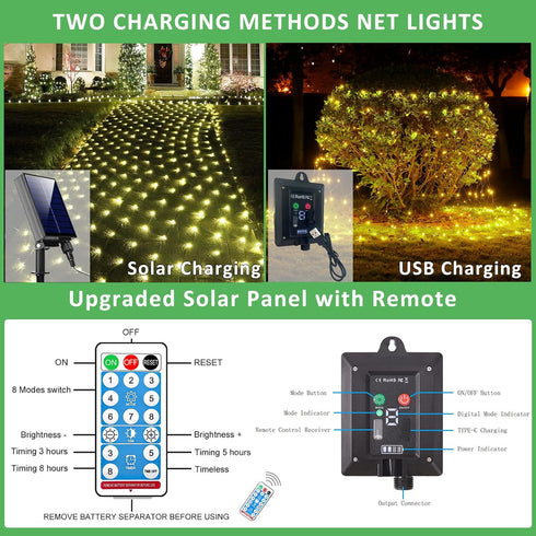 11.5FT 5FT 240 8 x Solar Christmas Net Lights Outdoor with Remote, LED USB Warm White Mesh Lights for Bushes