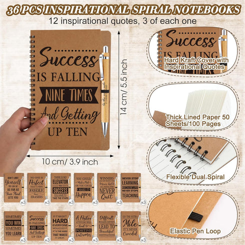 Geyoga 72 Pcs Employee Appreciation Gifts Set, Inspirational Spiral Kraft Notebooks with Motivational Bamboo Pens.