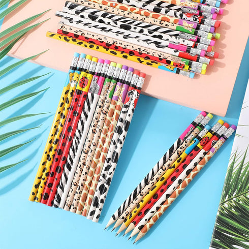Zhehao 36 Pcs Jungle Theme Pencils, Animal Print Pencils with Eraser, Bulk Safari Pencils for Kids