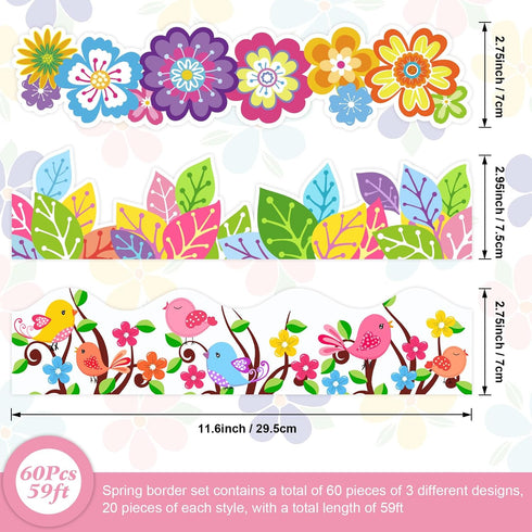 Spring Bulletin Board Border,Spring Borders for Bulletin Board Decorations,Spring Bulletin Board Decorations for Classroom with 200 Glue Point Dots (60Pcs,59Ft in Length) by Hedeey