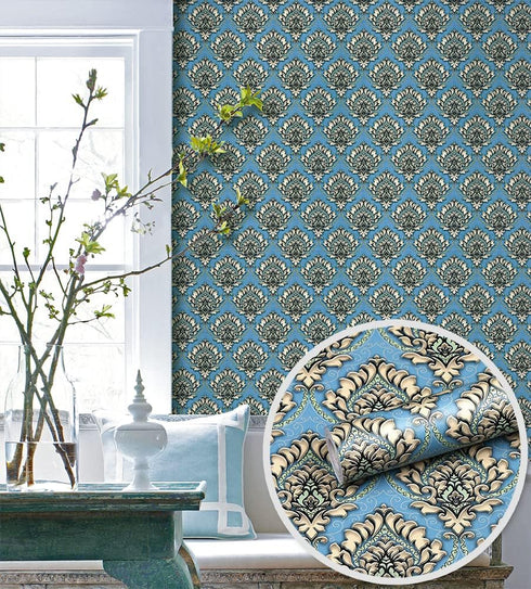 Y9832 Damask Peel and Stick Wallpaper, 17.7" x 9.8ft, Light Blue Removable Contact Paper for Furniture