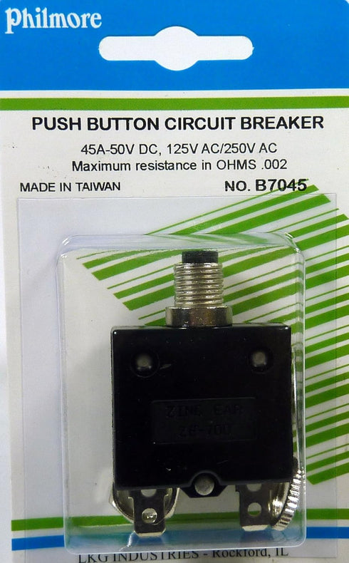 Philmore 45 Amp Push Button Manual Reset Thermal Circuit Breaker 50V DC, 250V AC