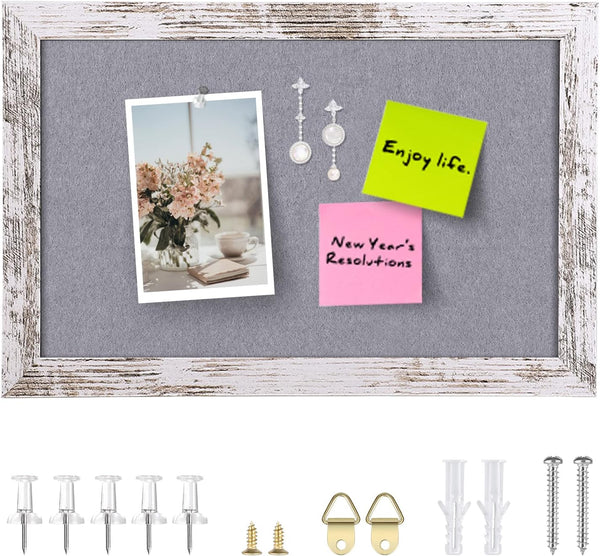 Gray Felt Bulletin Board with White Rustic Wood Frame, Decorative Hanging Board for Office Home