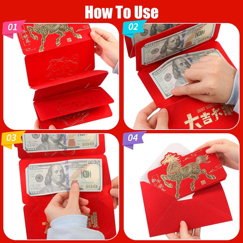 LATUMCO Set 2 Pack 6 Chinese New Year Money Gift Holders - Surprise Cash Envelopes with Slots Money Card Holders, Fun