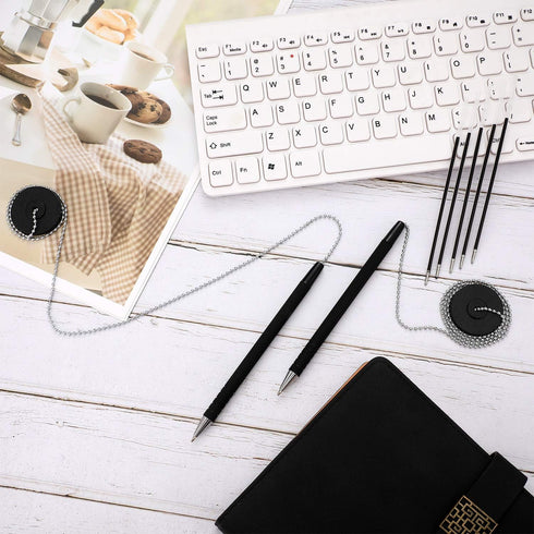 Security Pen Set with Bead Chain and Pen Holder, Desktop Pens with Chains, Blank Ink Refills for Office Bank Supplies,