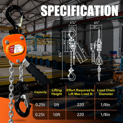 Manual Mini Lever Chain Hoist - 1/4 Ton 550LBS 10FT Alloy Steel G80 Chain Puller