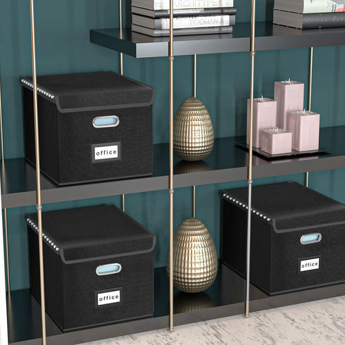 Huolewa Upgraded Portable File Organizer Box, Large Linen Hanging Office Document Storage Box with Lid - Black, Collapsible Filing & Boxes for Office/Decor/Home 14.9 x 12.7 10.8 inch by Huolewa